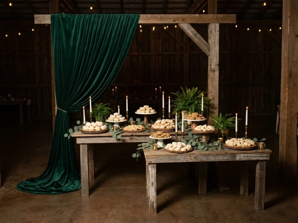 Emerald draped dessert bar setup