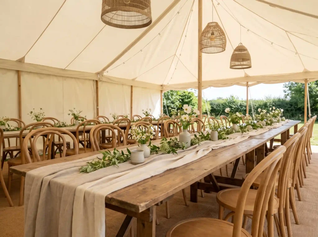 Linen garden table wedding setup K