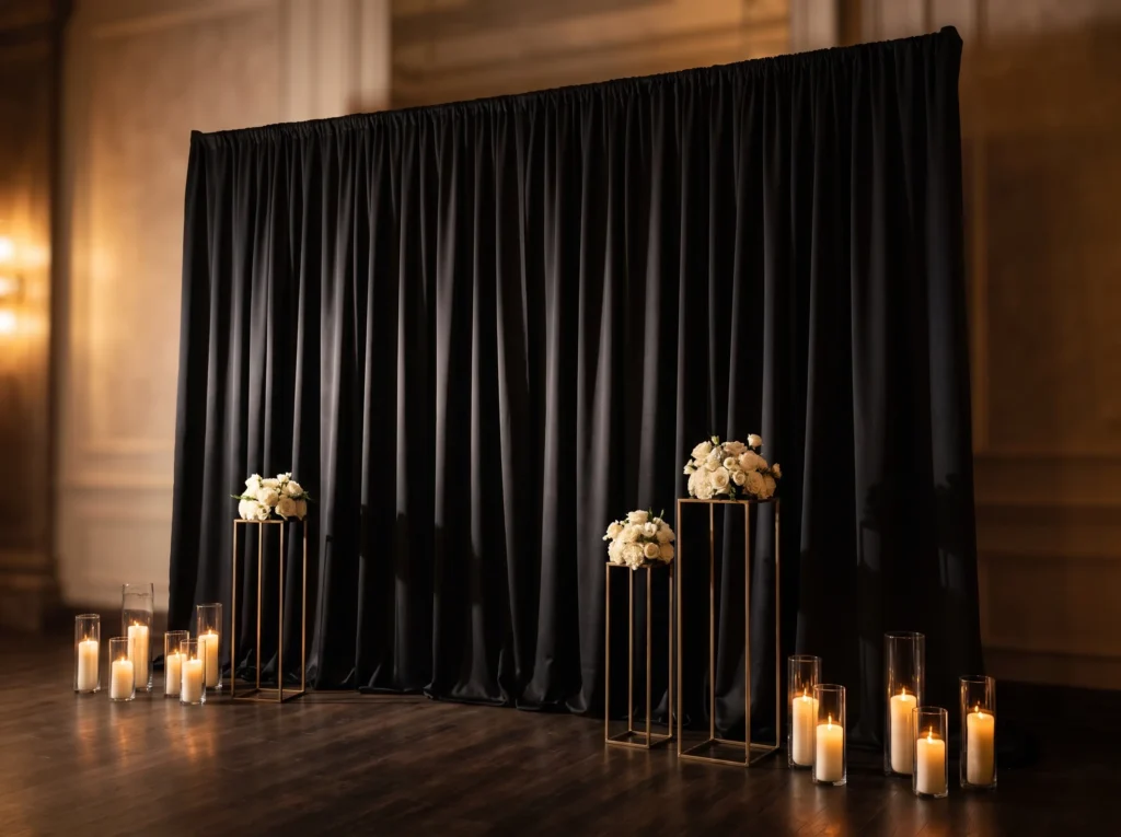 Black draping and candlelight ba… K