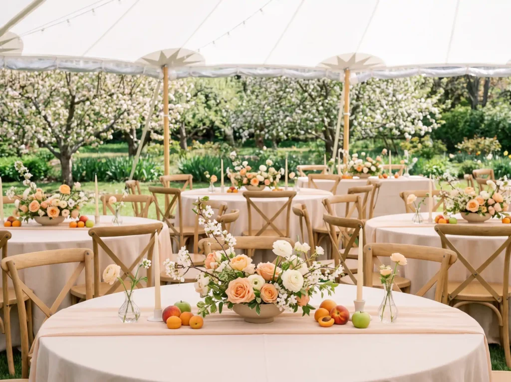 Peach orchard wedding tent setup K