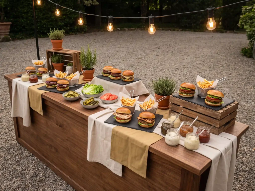 Rustic burger and fries table K