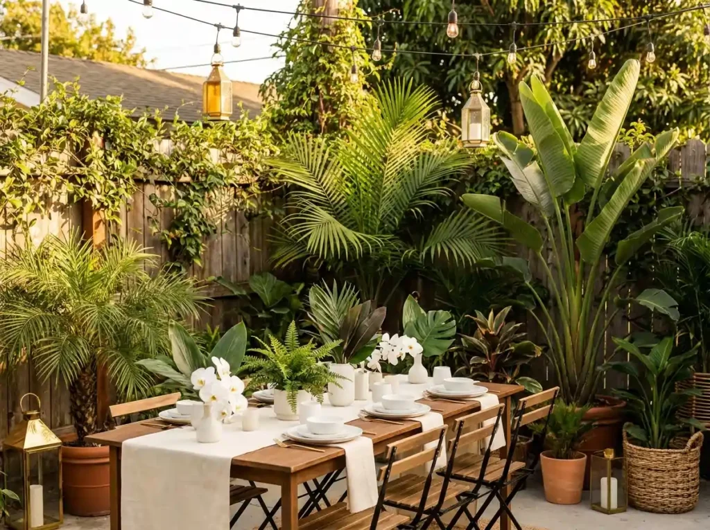 Tropical backyard wedding recept…