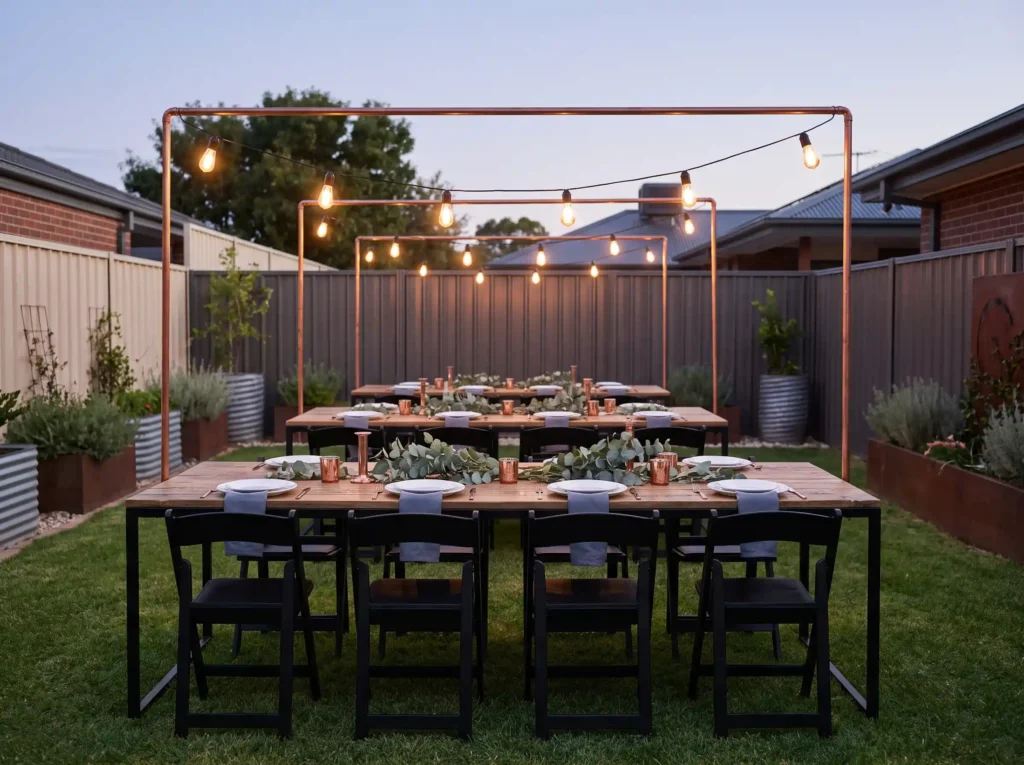 Copper and eucalyptus dinner setup K