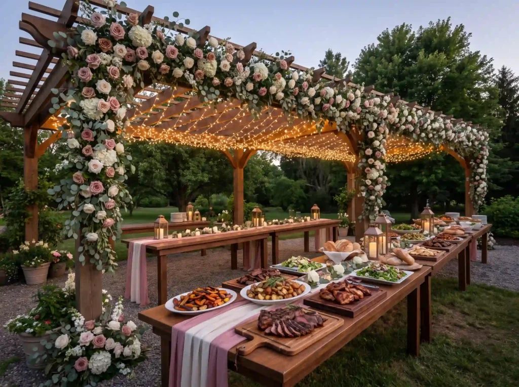 Floral pergola wedding BBQ buffet K