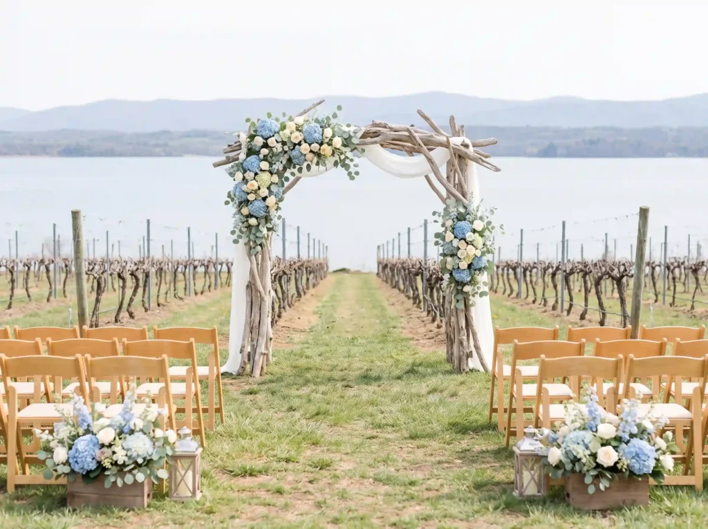 Lakeside vineyard wedding ceremony K