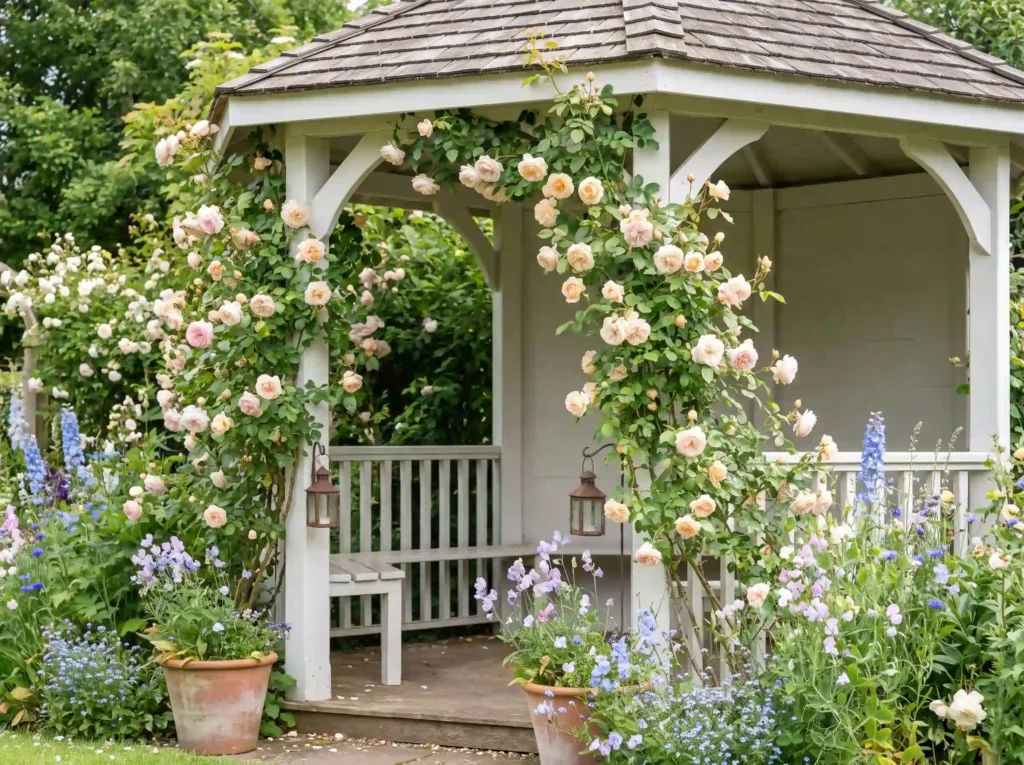 White gazebo with climbing roses K