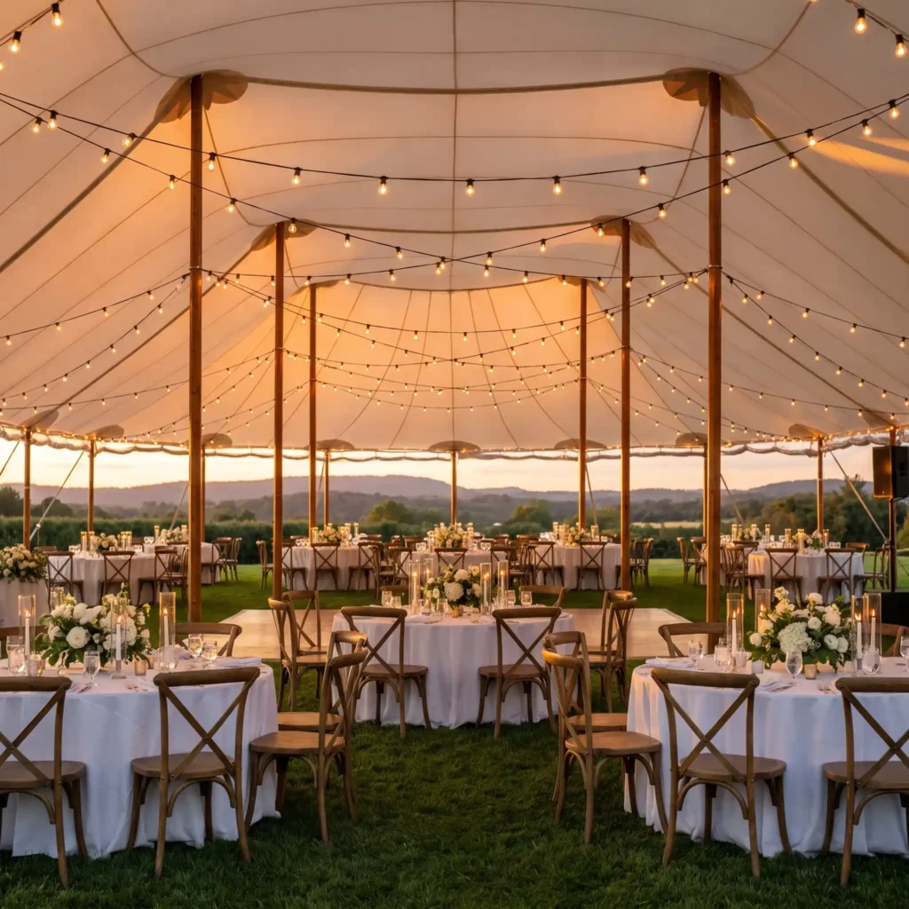 Sunset wedding reception tent setup K
