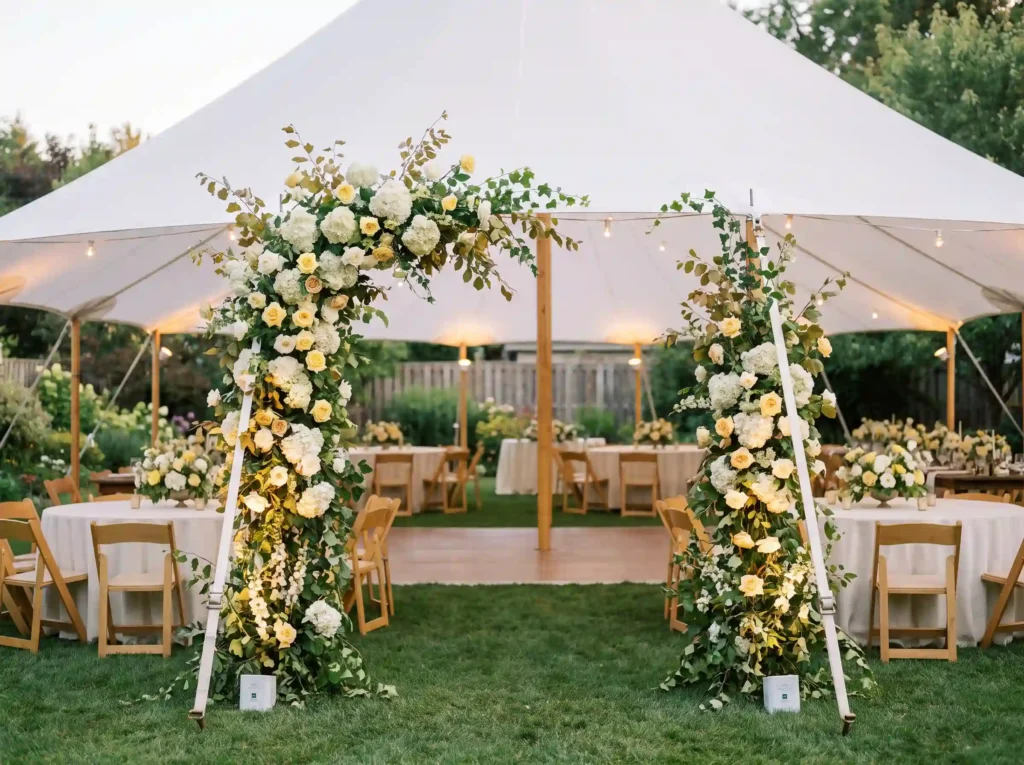 Floral arch wedding tent setup K