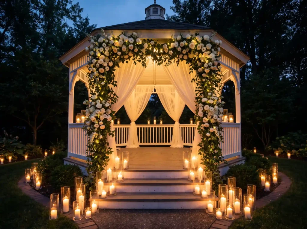 White roses adorning gazebo K