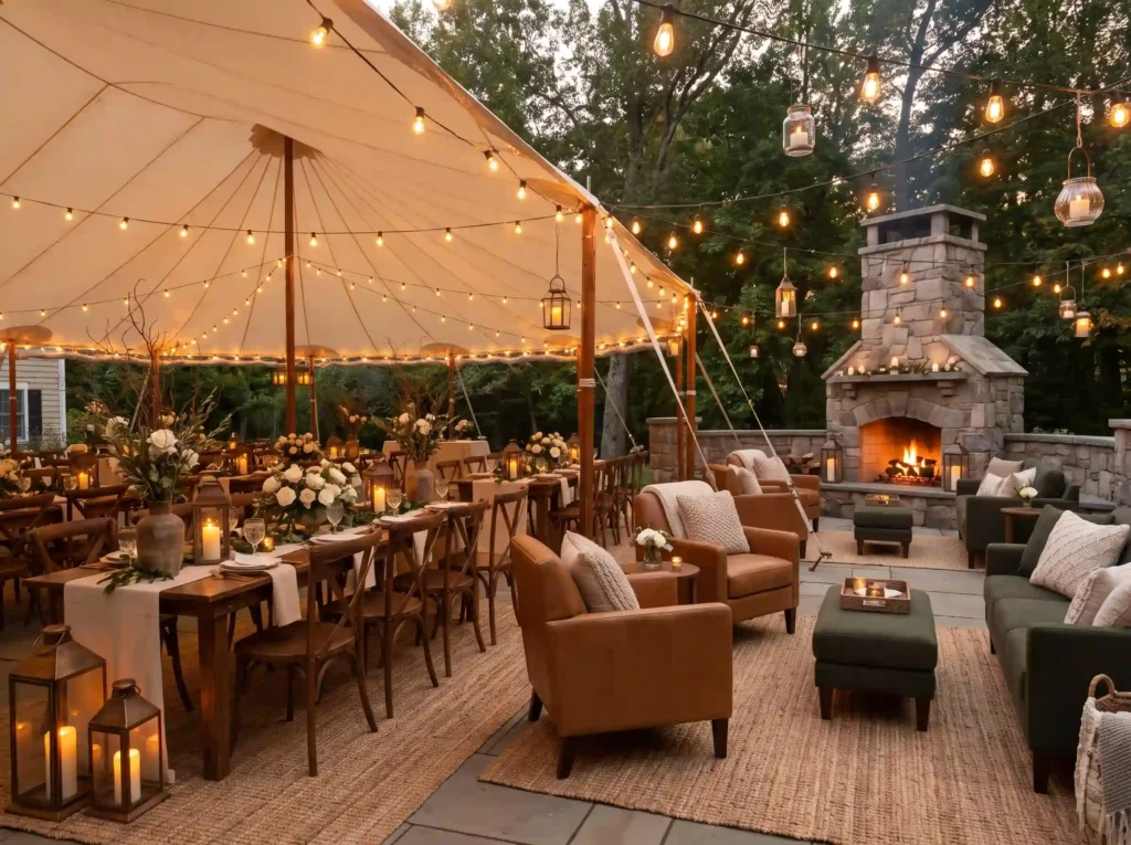 Cozy fireside wedding tent recep… K