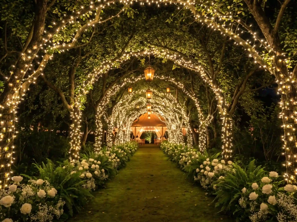 Luminous tree tunnel wedding aisle K