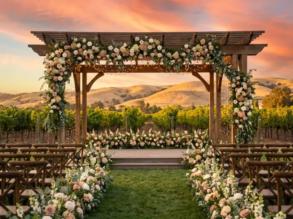 Vineyard wedding ceremony floral… K