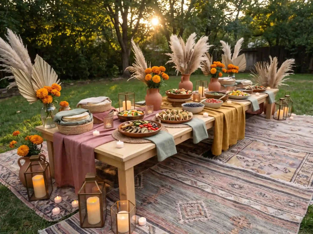 Boho Mexican picnic buffet setup K