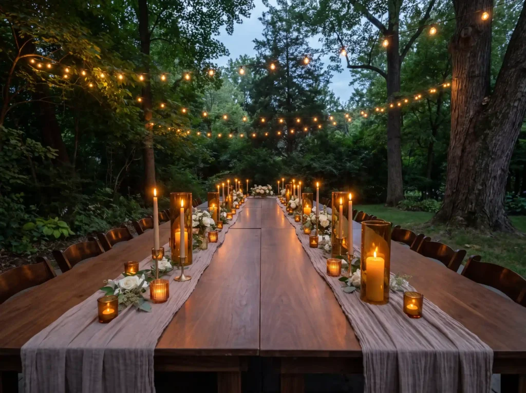 Backyard wedding dinner table setup K