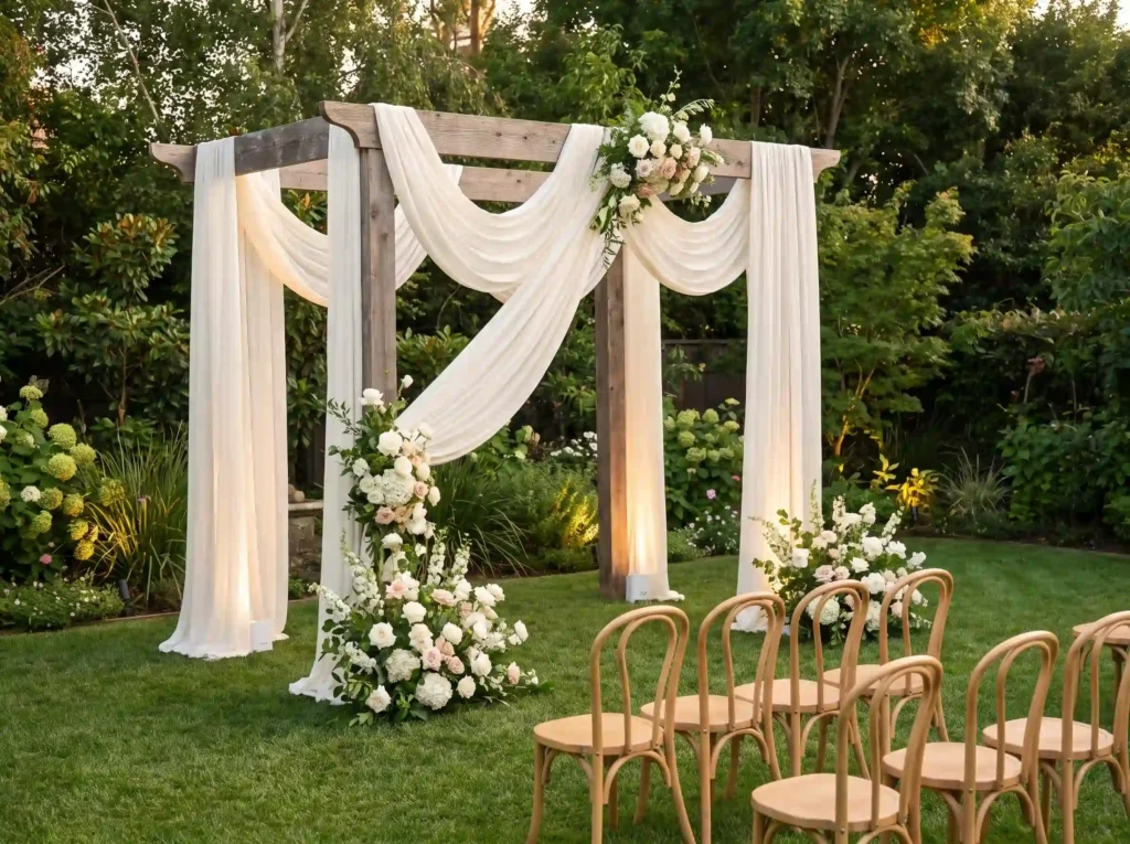 Backyard wedding setup with draping K