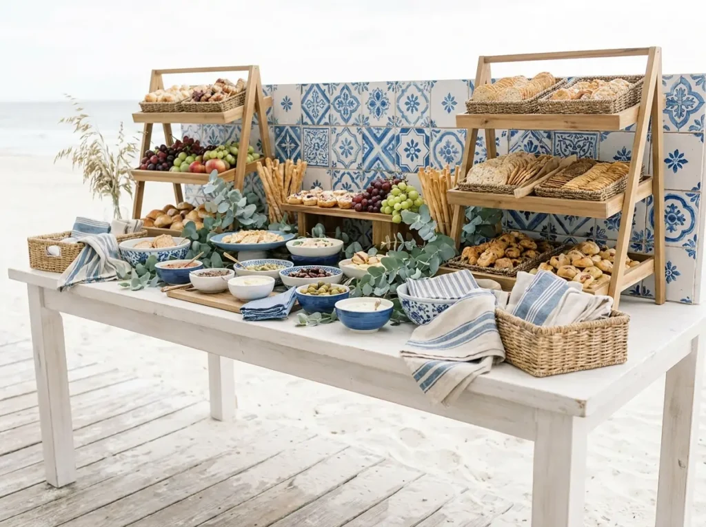 Coastal wedding snack station di…