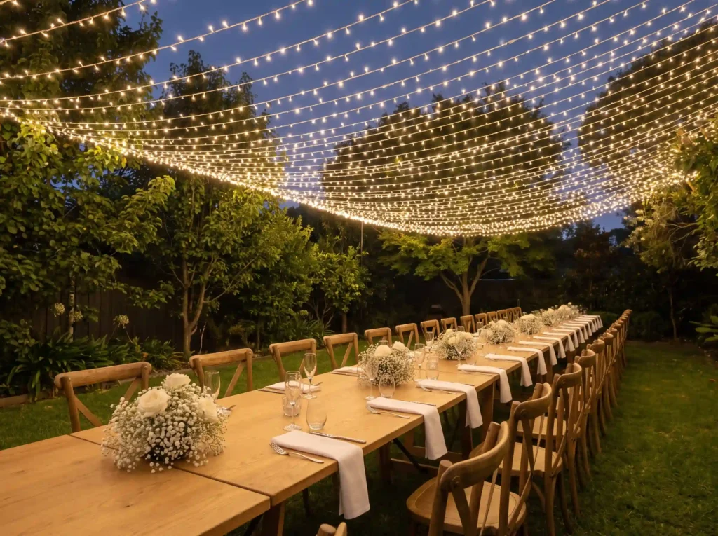 Backyard wedding dining area setup K