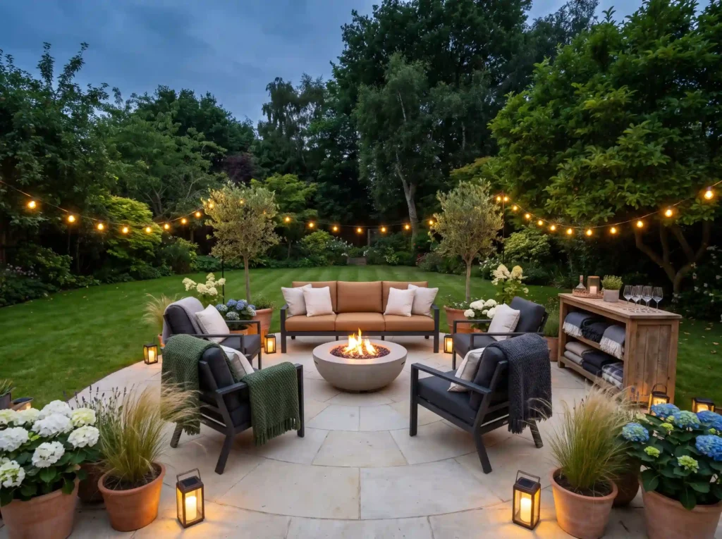 Fire pit lounge in garden K