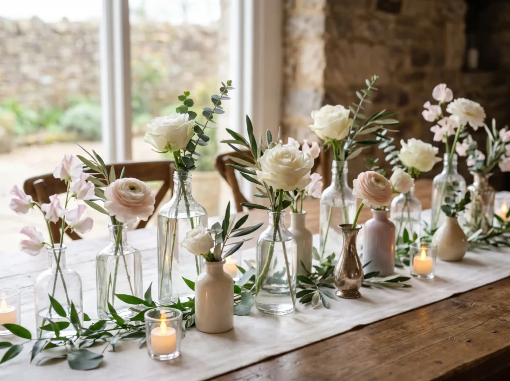 Mismatched vases on wedding table K