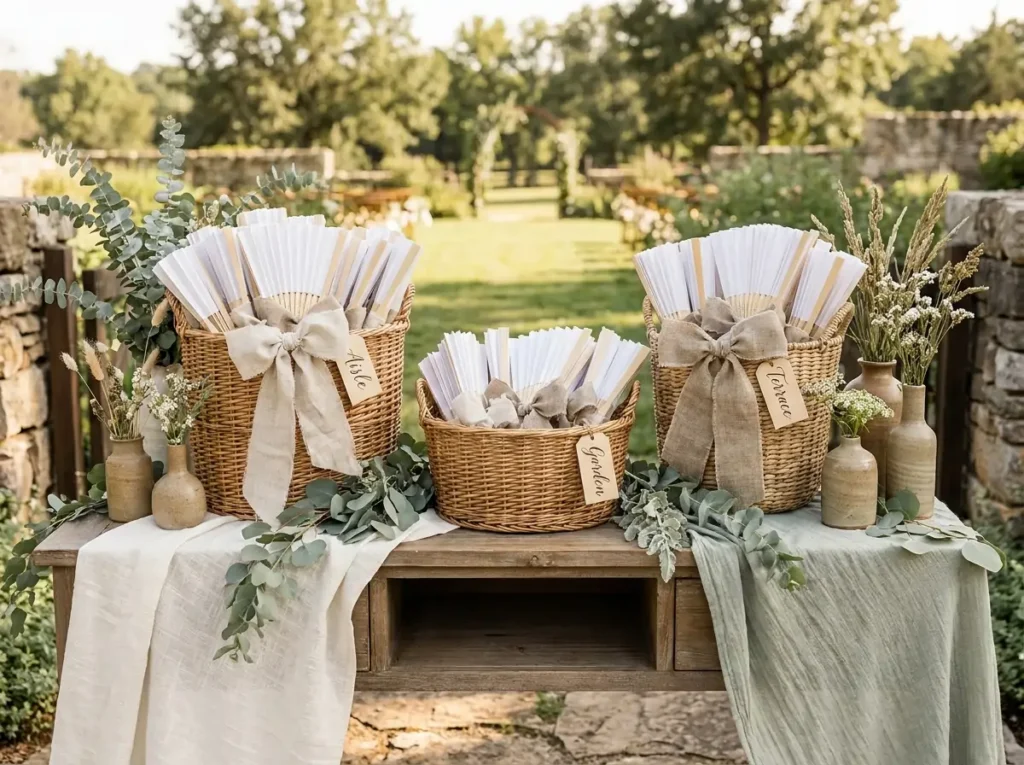 Rattan baskets holding paper fans