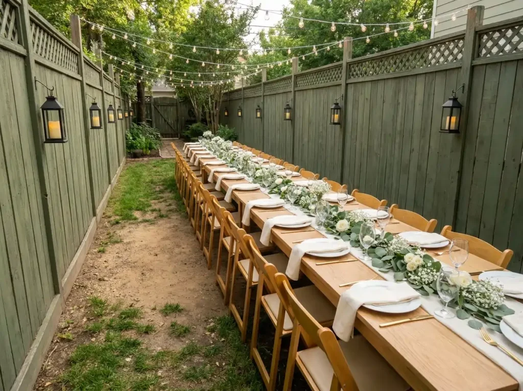 Narrow garden banquet table setup