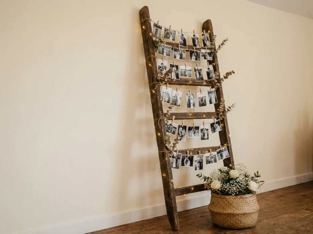 Rustic ladder wedding photo display