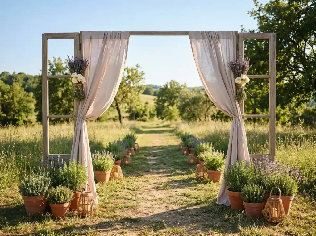Wooden gateway with lavender flo…