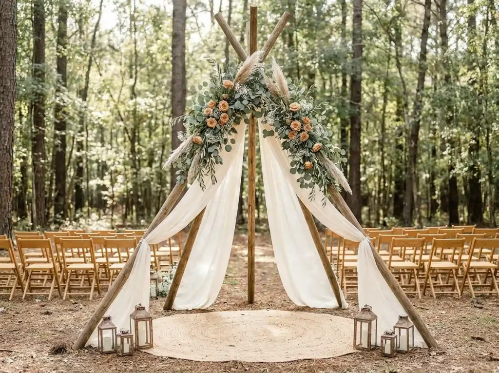 Bohemian teepee wedding altar