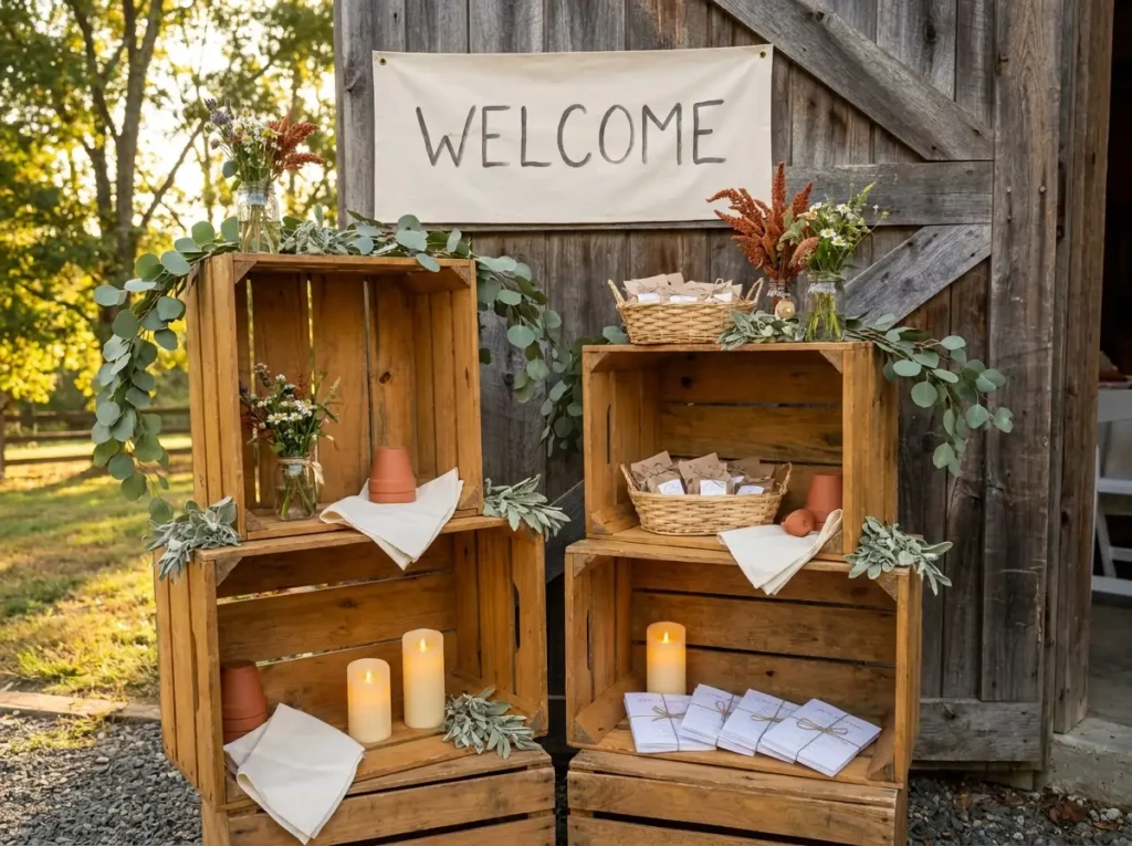 Wooden crates form welcome station