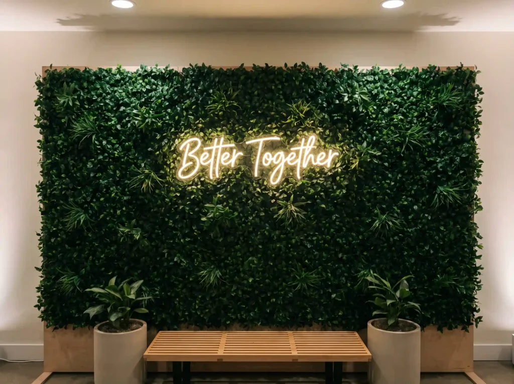 Greenery wall with neon sign K