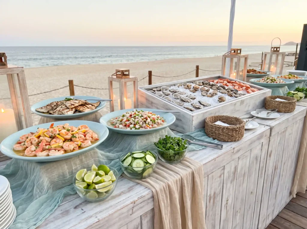 Seafood buffet at coastal wedding K