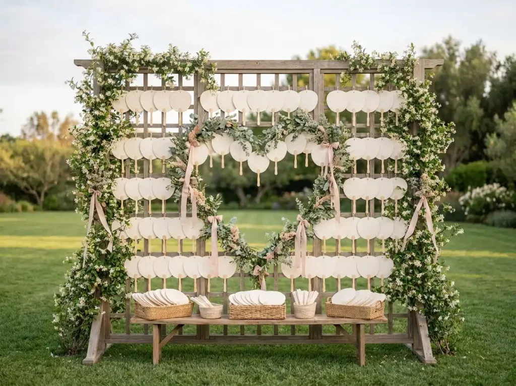 Wooden trellis with paper fans