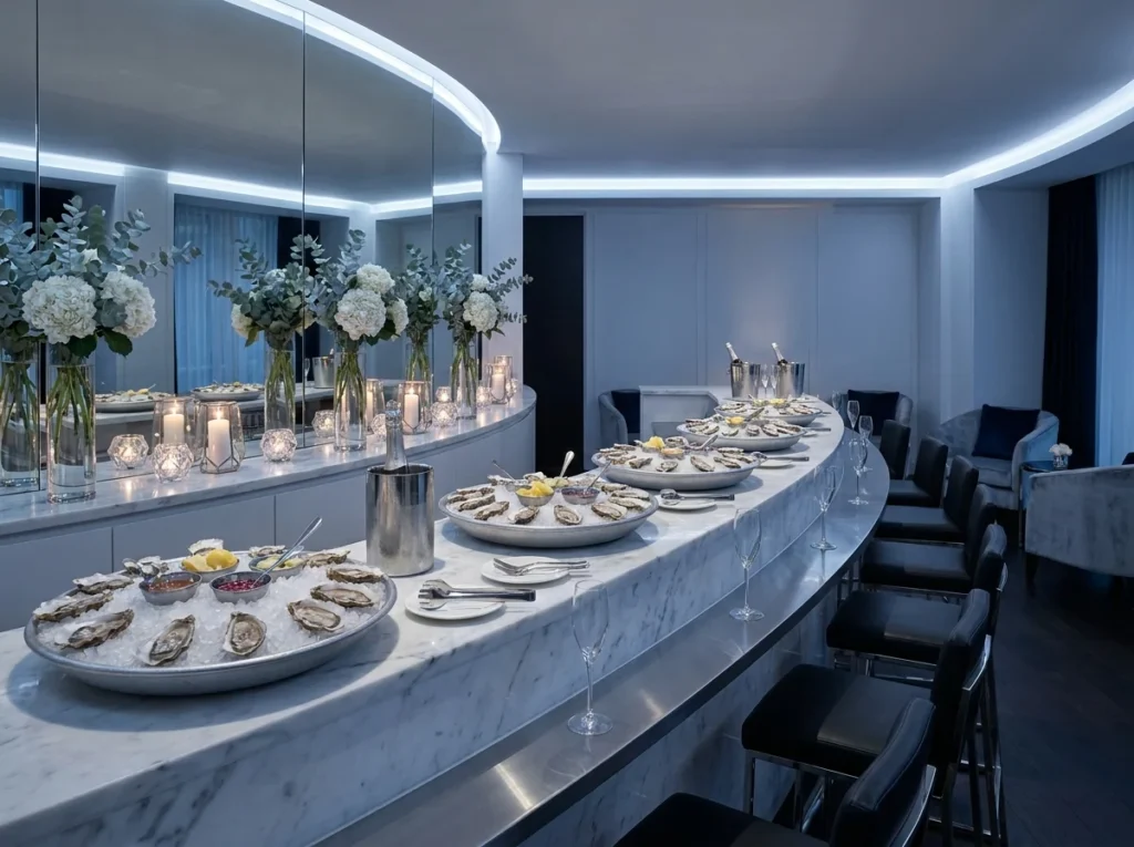 Champagne oyster salon setup