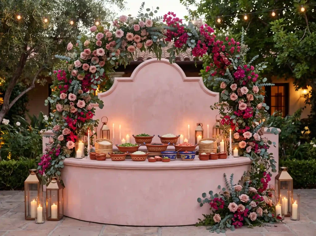Pink hacienda wedding taco buffet K